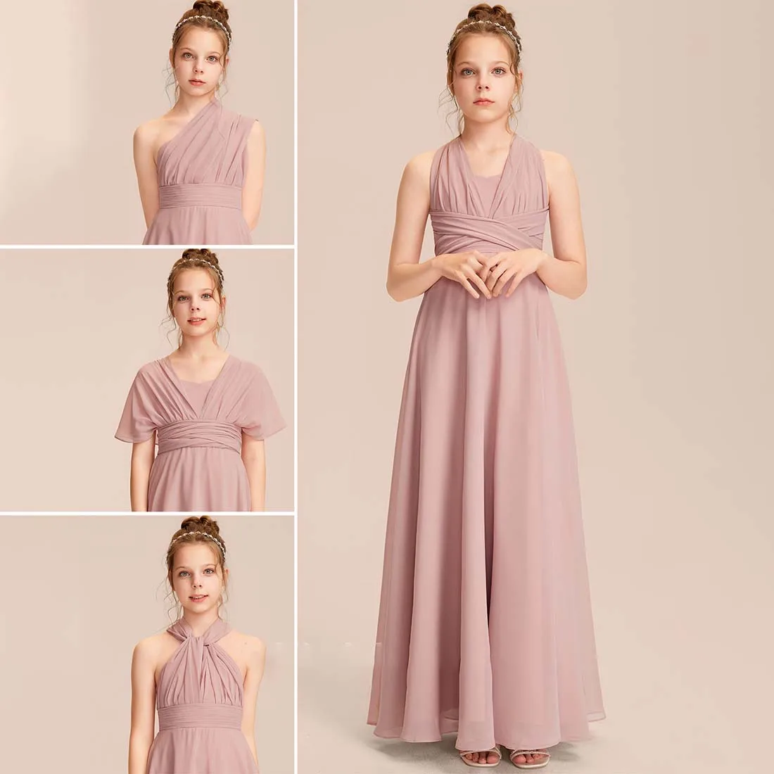 YZYmanualroom Flower Girl Dress Junior Bridesmaid Dress Chiffon A-line Halter One Shoulder V-Neck Floor-Length 2-15T