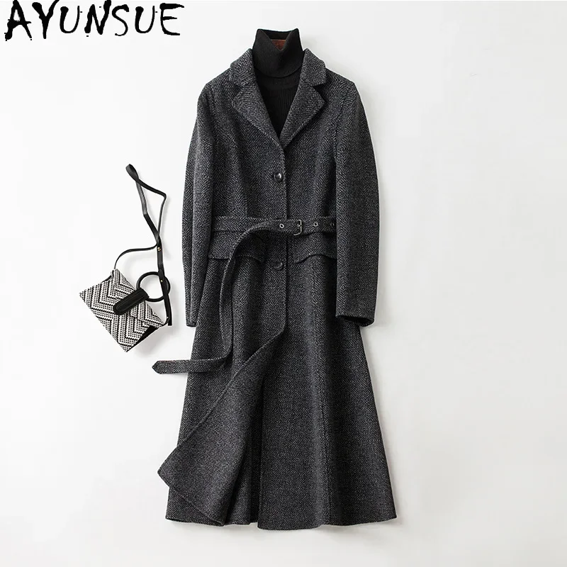 

AYUNSUE Elegant 80% Wool Jackets for Women 2023 Autumn Winter Long Wool Coat Korean Fashion Gray Overcoat Lace-up Abrigos Mujer