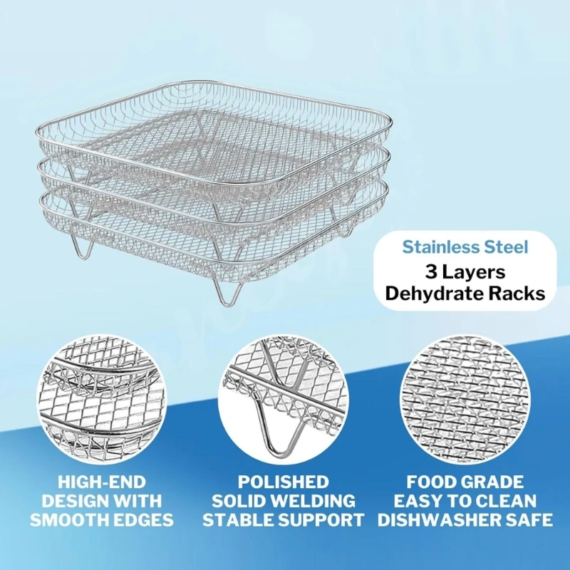 Stainless Steel Air Fryers Accessory Set 3 Tiers Stackable Dehydrator Racks with Clip and Brush Silicone Feet for Fryers 4