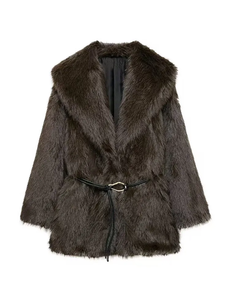 Vintage Luxury Faux Fur Women Coats Fashion Belt Lapel Full Sleeve Female Jacket 2024 Winter Street Loose Thicken Lady Outwears 4