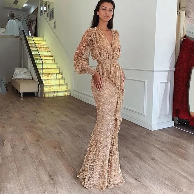 

VENUS 2024 Deep V Neck Prom Dresses Mermaid Plus size Formal Dresses Long Sleeve Evening Dress Sequined Party Dress