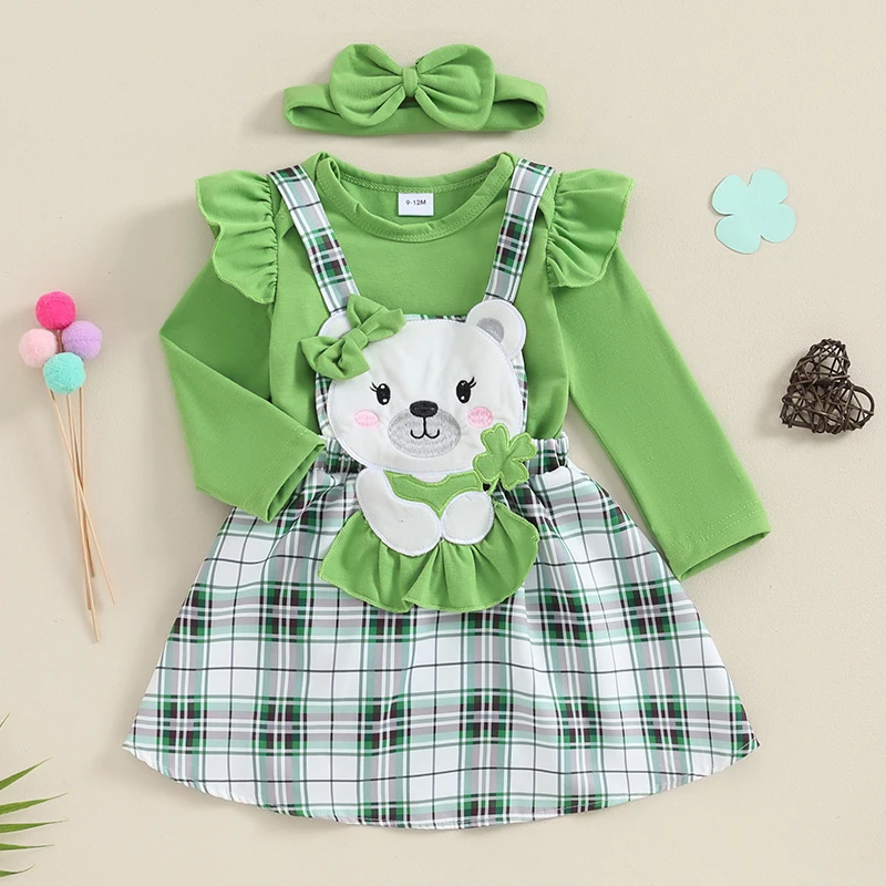 

0-18M Cute Baby Girls Cartoon Outfits Newborn Infant Long Sleeve Romper Bear Embroidered Suspender Dress Overalls Headband Sets