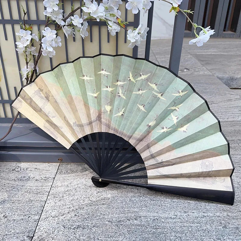 10 Inch Chinese Folding Fan for Men - Traditional Silk Bamboo Hand Fan, Vintage Hanfu Summer Cooling Fan with Case