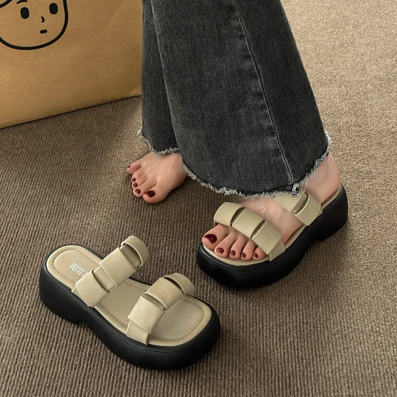 Thick Sole Slippers Women's  Summer New Outwear Square Head Roman Style Versatile Elevated Slippers