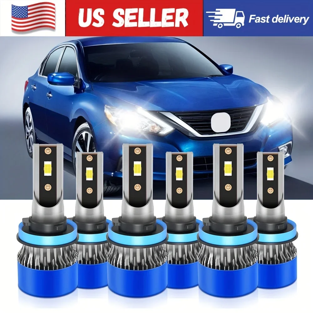 Fit For Nissan Altima (2007-) 6000K White H11+H11 Hi/Lo Beam Light+H11 Fog Lamp CSP Bright Chip 800% High Brightness, 6pcs