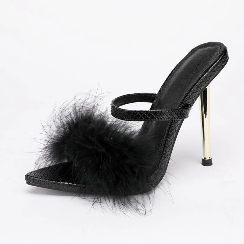 TSTCTB Sexy Furry Thin High Heels Sandals Slippers Fashion Shallow PU Ladies Pointed Toe Elegant Slip-on Solid Party Shoes Women