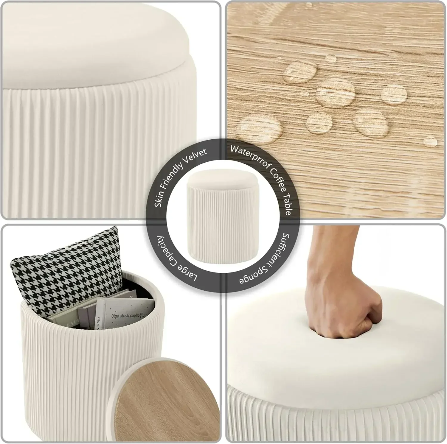 Round Ottoman with Storage Set of 2 Upholstered Velvet Vanity Stool for Makeup Lines Support 300lbs Ottomans Multifunctional Foo 5