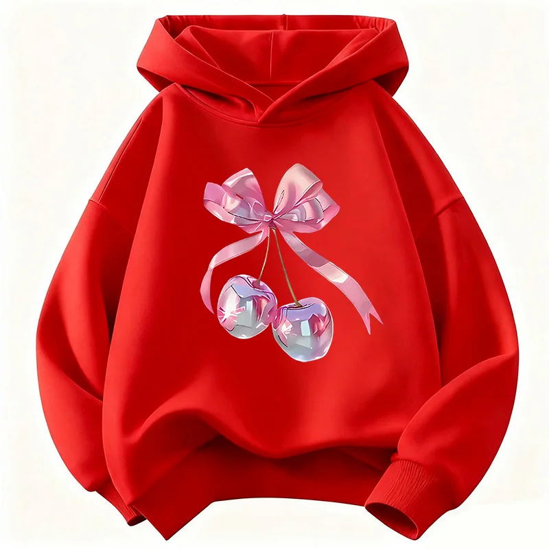 Pink Bow Design Girls' Casual Hoodie - Funny 90s Kids' Autumn/Winter Sweatshirt
