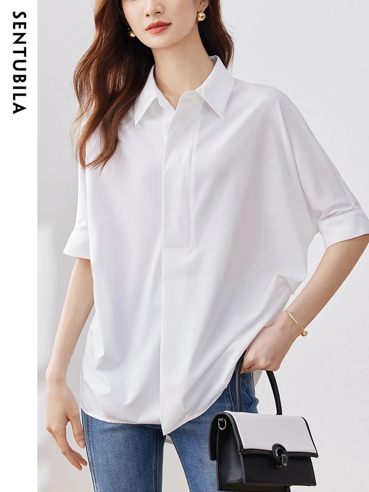 

SENTUBILA Half Batwing Sleeve Loose White Shirts for Women 2023 Summer Turn Down Collar Casual Simple Women Top Shirts & Blouses