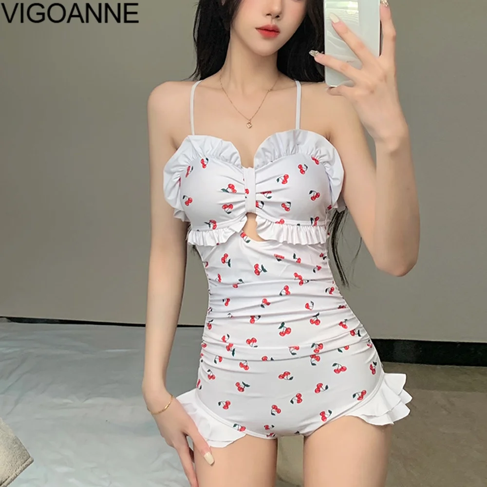 

VigoAnne Print Strapped Swimwear Women 2023 Sexy Verge Push Up One Piece Swimsuit Korean Slimfit Monokini Backless Bathing Suit