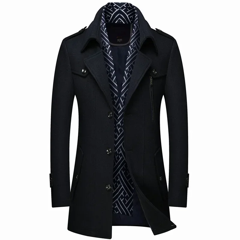 Men's Woolen Coats Fashion Thicken Mid Length Trench Turn Down Collar Warm Outerwear Business Casual Wool Coat wool overcoat
