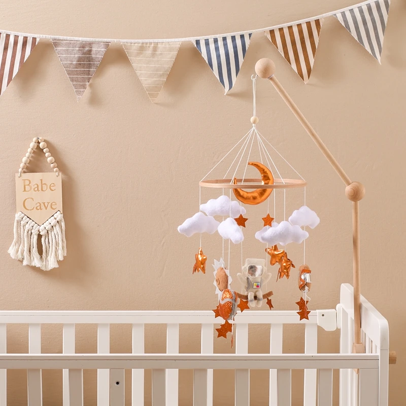 

Baby Wooden Bed Bell Rattle Toys Newborn Soft Felt Spaceman Celestial Crib Mobiles Hanging Toys for Newborn Montessori Toys