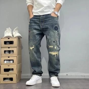 Jeans ricamati patchati effetto lavato e effetto consumato Pantaloni piccoli a gamba dritta da uomo High Street Ruff e pantaloni belli alla moda 1