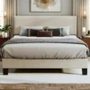King Bed Frame Upholstered Bed Frame Platform with Adjustable Headboard Linen Fabric Headboard Wooden Slats Support/No Box 1