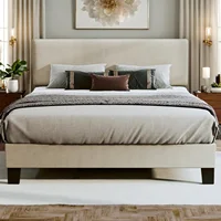 King Bed Frame Upholstered Bed Frame Platform with Adjustable Headboard Linen Fabric Headboard Wooden Slats Support/No Box 1
