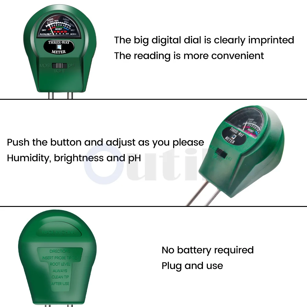 3 in 1 Soil PH Meter Sunlight PH Light Detection Tester Garden Flowers Soil Moisture Sensor Meter Plants Acidity Humidity