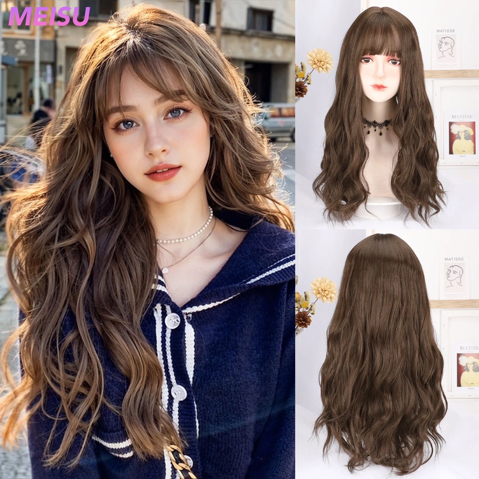 MEISU 24 Inch Water Curly Wave Short Bangs Wigs Brown Fiber Synthetic Wigs Heat-resistant Natural Party or Selfie For Women