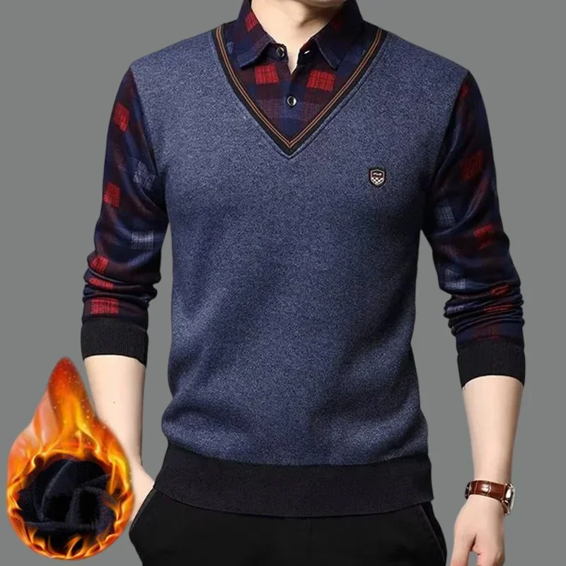 

Winter Fashion Men's Sweater Fleece Thickened Knitted Men Clothing Fake Two Piece Shirt + Sweaters Men's Warm Knitwear Sweaters