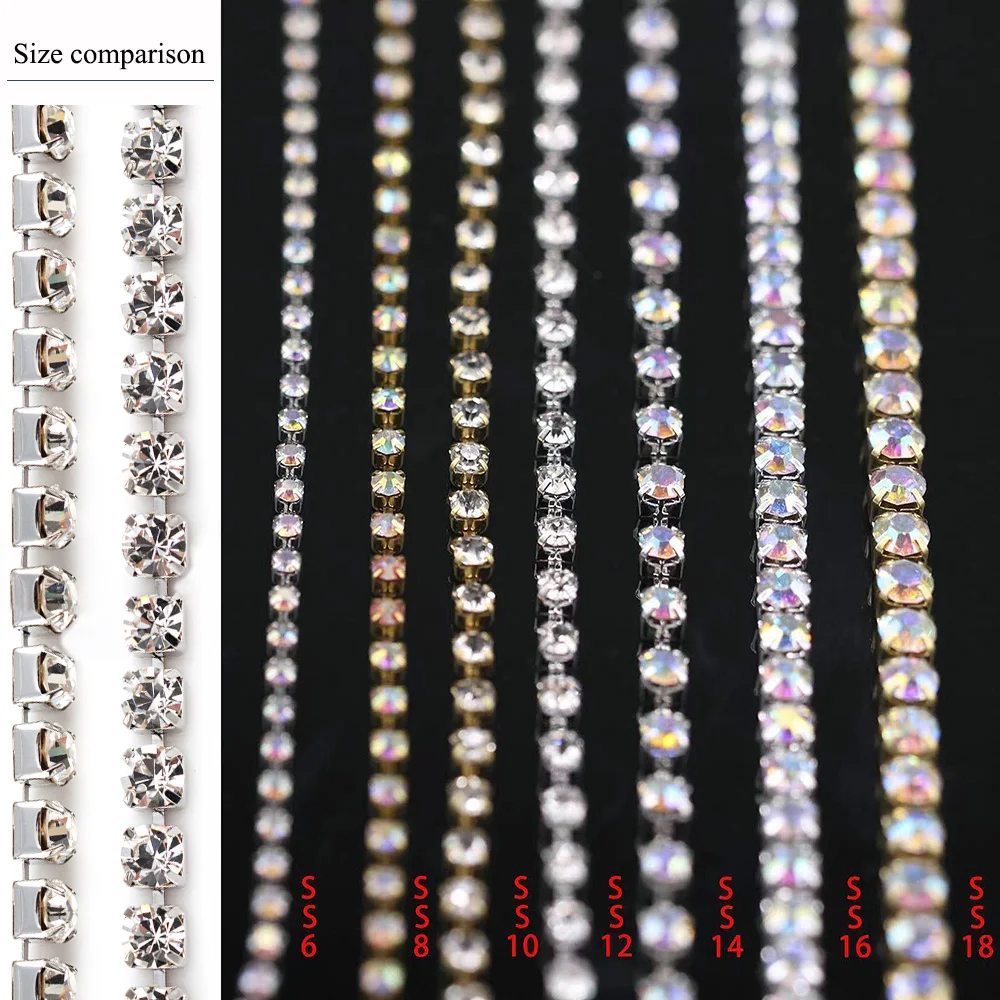 Glitter Rhinestones Chain 1 Yard Gold Claw Base Shiny Crystals Strass Stones Trim Sewing Rhinestones for Garment Crafts Gems
