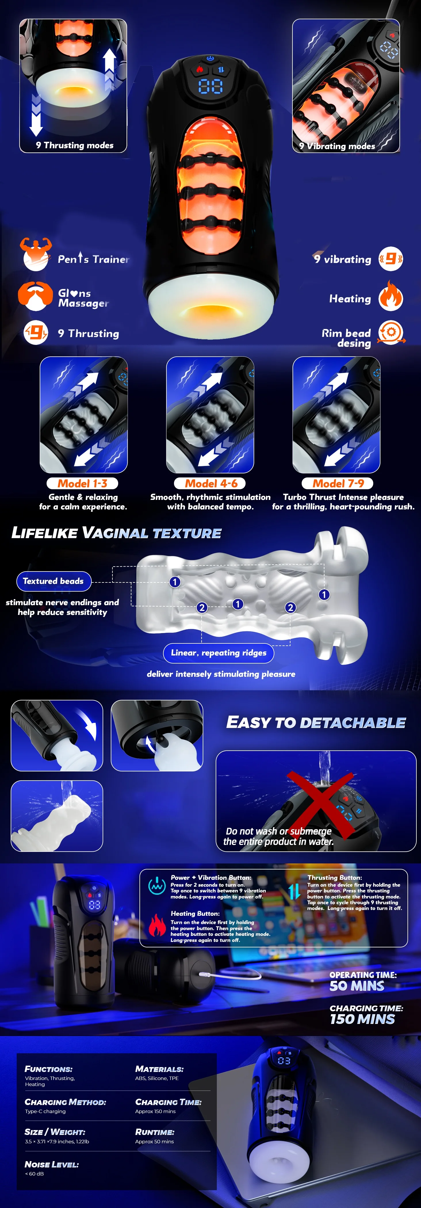 HeartCaptor Automatic Male Thrusting Masturbator - Heating, 9 Vibration & Thrusting Modes, Hands-Free Adult Sex Toy - Details 1