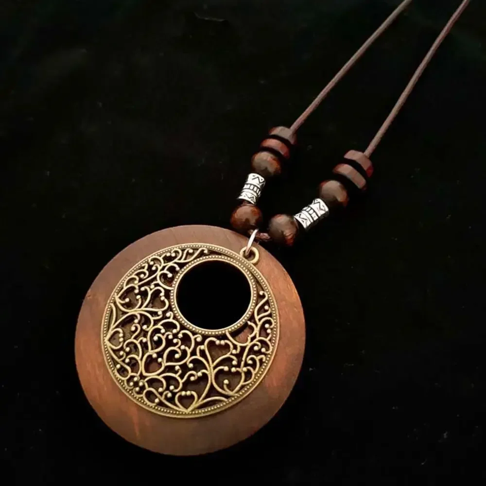 Vintage Wooden Owl Pendant Necklace - Ethnic Long Chain Jewelry