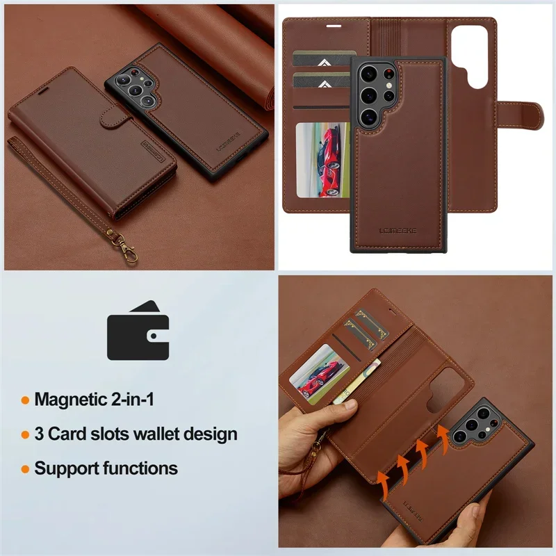 Magnetic Leather Wallet Phone Case with Lanyard Cover