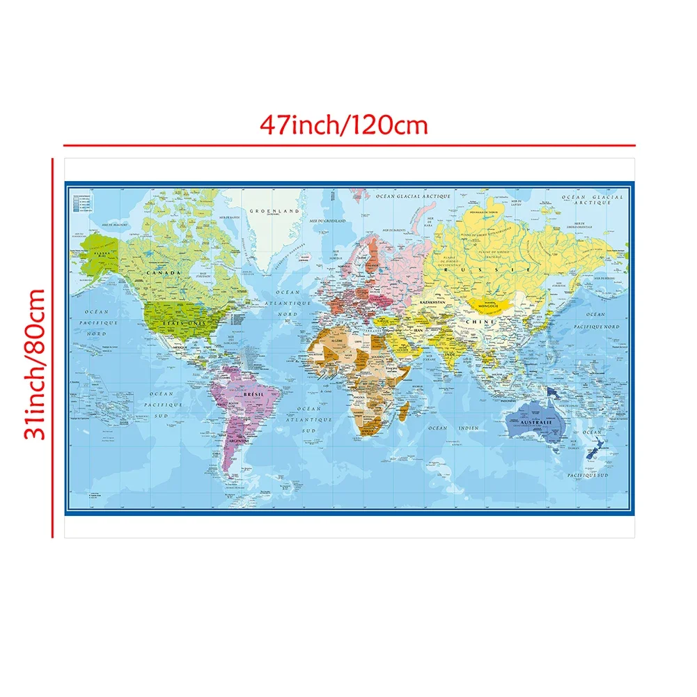 120*80cm World Map Poster In French Language Wall Poster Non-woven Vinyl Painting Office School Supplies Home Decoration
