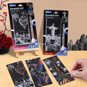 12 Pz/set FAI DA TE Scratch Painting Famoso Paesaggio Architettonico Animale Del Fumetto Raschiando Pittura Manuale Scratch Disegno Giocattoli Regali
