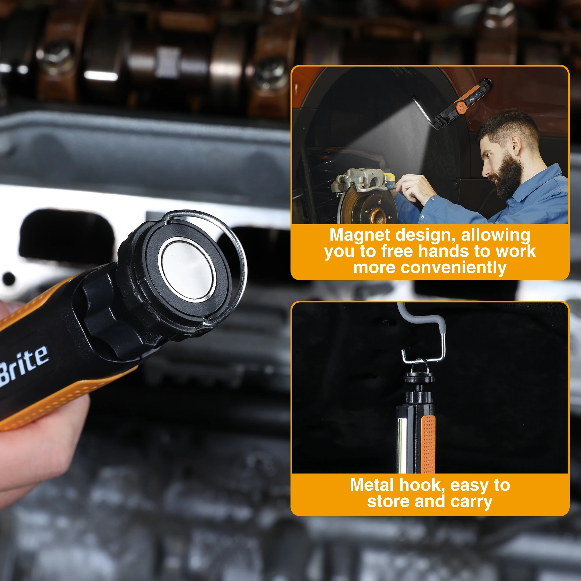 EverBrite 2 Pack LED Rechargeable Work Light 800LM COB Foldable Flashlight Magnetic Work Lights with Hanging Hook for Car Repair
