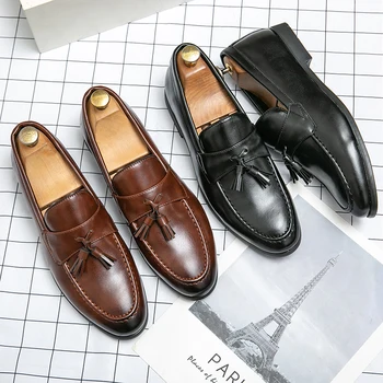 Classic Formal Shoes Men Slip On Leather LoafersTassel Casual Business Shoes For Men Trend Men's Dress Shoes Flat Loafers Male
