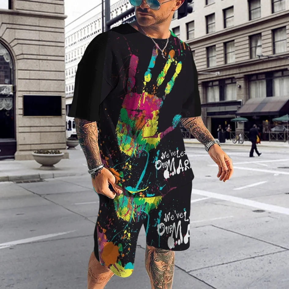 

Love Peace Palmprint Men's Tracksuit Set Summer Beach Casual T Shirt Short 2 Piece Outfits 3D Printed Oversized Man Clothing