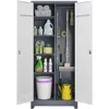 72.8" H Metal Tool Storage Cabinet, Broom Closet Storage Cabinet with Hooks, Garage Storage Cabinet with Shelves，	Grey-white 1