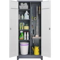 72.8" H Metal Tool Storage Cabinet, Broom Closet Storage Cabinet with Hooks, Garage Storage Cabinet with Shelves，	Grey-white 1
