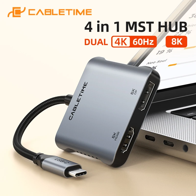 Cabletime-usb c para Dual Hdmi Displayport pd 100w Dual Display para Laptop Dell Asus C442 8k 30hz 4k 120hz
