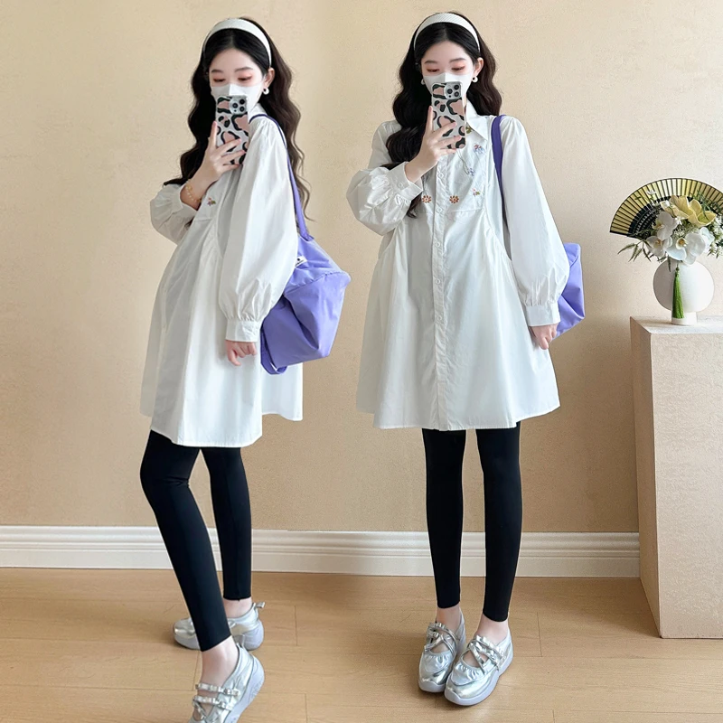 Q82335 출산복 트렌디 자수 한국 드레스 여성 신상품 출산복 임신 중간 길이 임신복