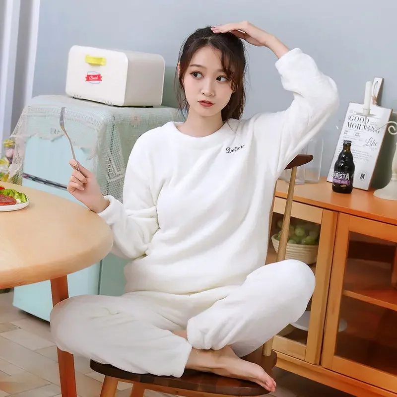 Women's Winter Pajamas Set Coral Fleece Home Set Thick Keep Warm Loose Korean Soft Men's and Women's Pajamas Set