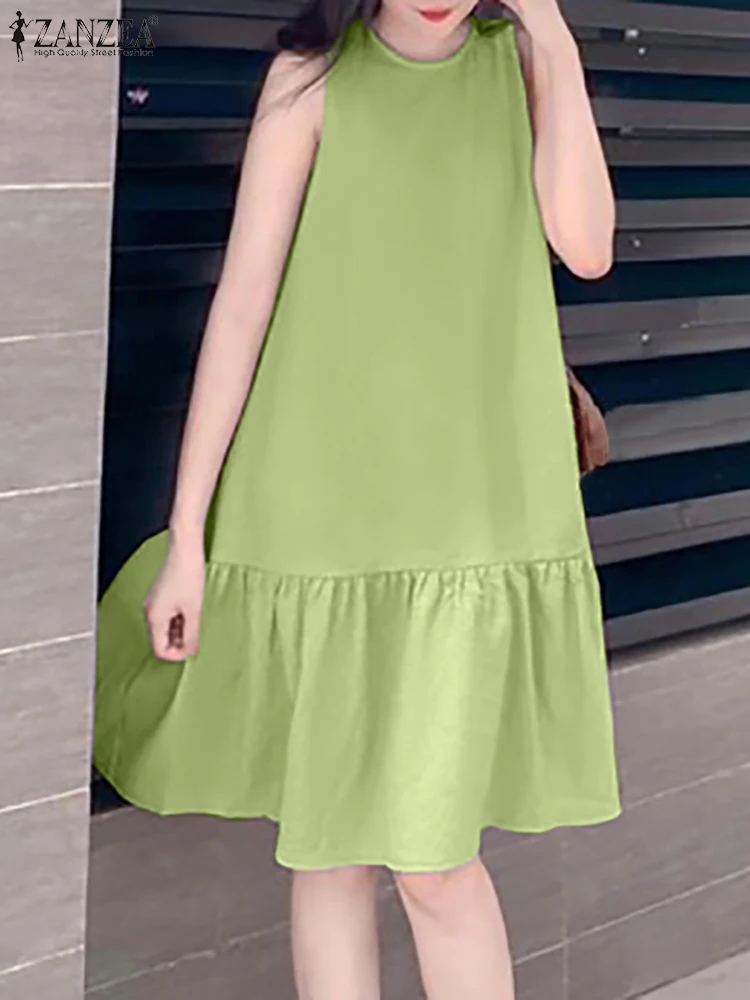 

Женское богемное платье без рукавов ZANZEA, летнее повседневное пляжное платье с оборками, Пляжное вечерние до колена