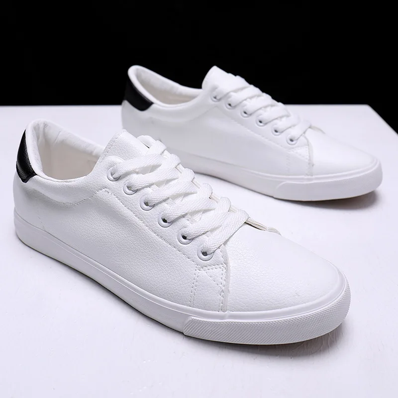 Zapatillas de deporte de cuero blanco puro para hombre, deportivos de ocio para tablero, con cordones, ligeros, cómodos, transpirables, para caminar|Calzado vulcanizado de hombre| AliExpress