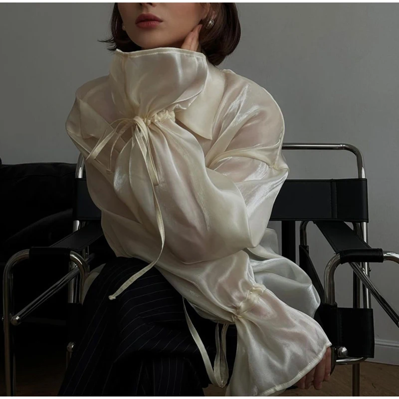 Camisas vintage lisas con mangas acampanadas y cuello alto para mujer, elegantes camisas con solapa y botonadura sencilla con cordones, blusas elegantes de calle para mujer