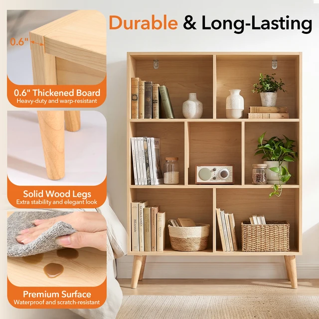 JHK 3 Tier Bookshelf Wooden 7 Cube Storage Organizer Display Bookcase Open Standing Shelf with Legs Graduated Shelves for Home