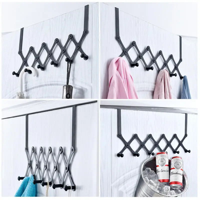 Black 5-hook Hanger Clothing Telescopic Enlarged Storage Rack Non Perforated Metal Clothes Hats Hanging Storage Behind The Door