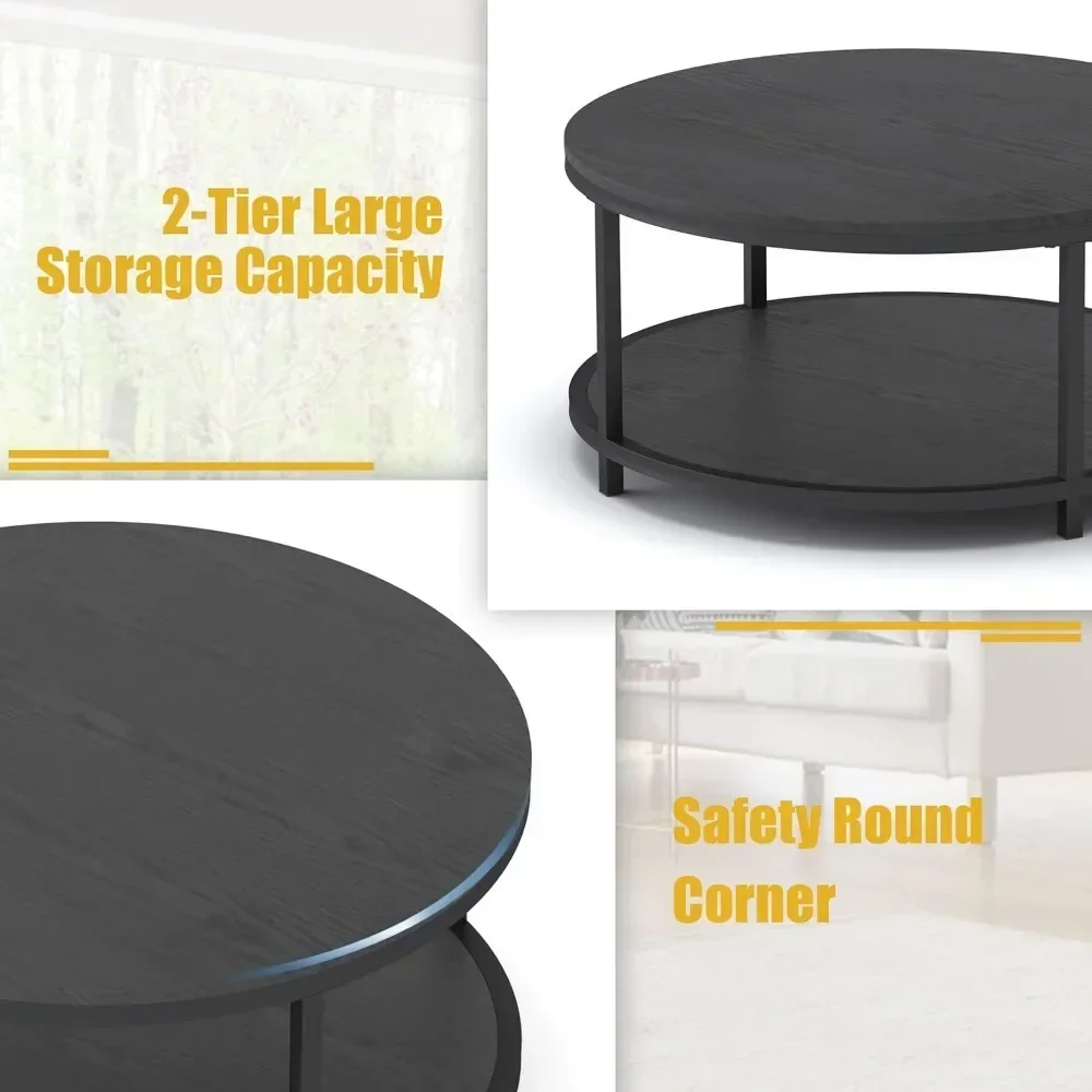 Rustic Industrial 35.8" Round Coffee Table with Storage Shelf and Sturdy Metal Legs, Easy Assembly 5