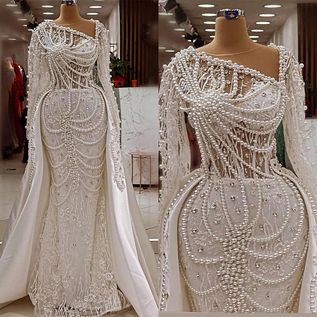 

Charming Mermaid Wedding Dresses Pearls Chains Appliques Lace Satin Detachable Train Zipper Bridal Custom Made Robe De Mariée