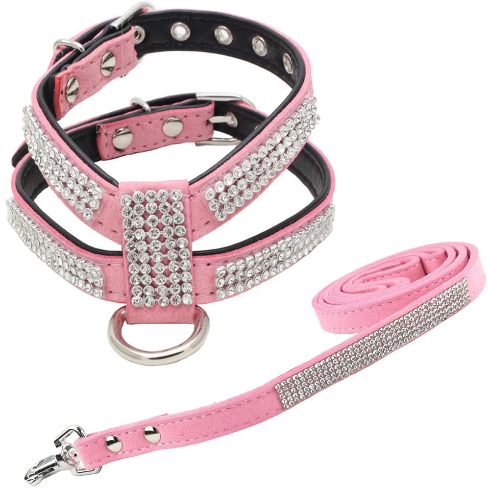 Bling Rhinestone Dog Harness Soft Suede Leather Pet Harness Walking Leash For Small Medium Dogs