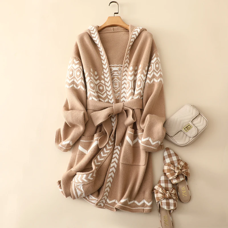 

europe winter trendy thick knitted luxury 100% cashmere hooded cardigan coat fancy jacquard trendy long sweater outerwear