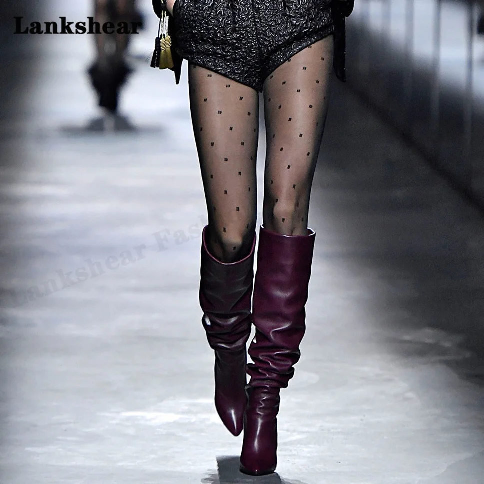 Spring and Autumn Pointed Wine Red Pleated Over-The-Knee Boots Women's Suede High-Heeled Boots Sexy Catwalk Shoes Large Size