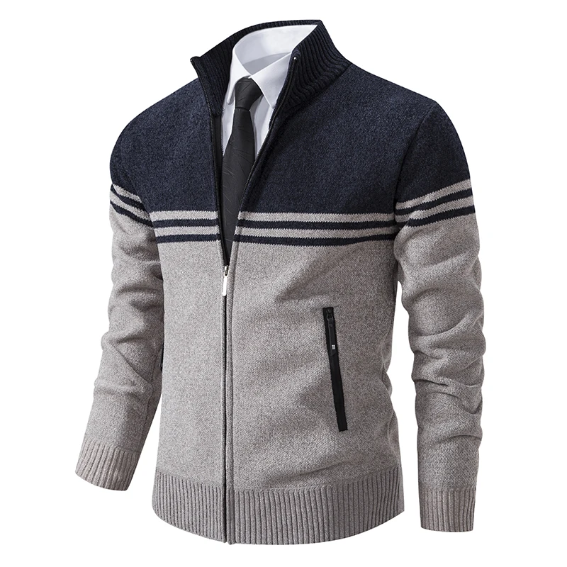 Men's Winter Fleece Cardigan Sweater Coats Knitted Sweater Coat Knitted Cardigan Thick Warm Casual Stand Collar Zipper Fashion Striped Coat