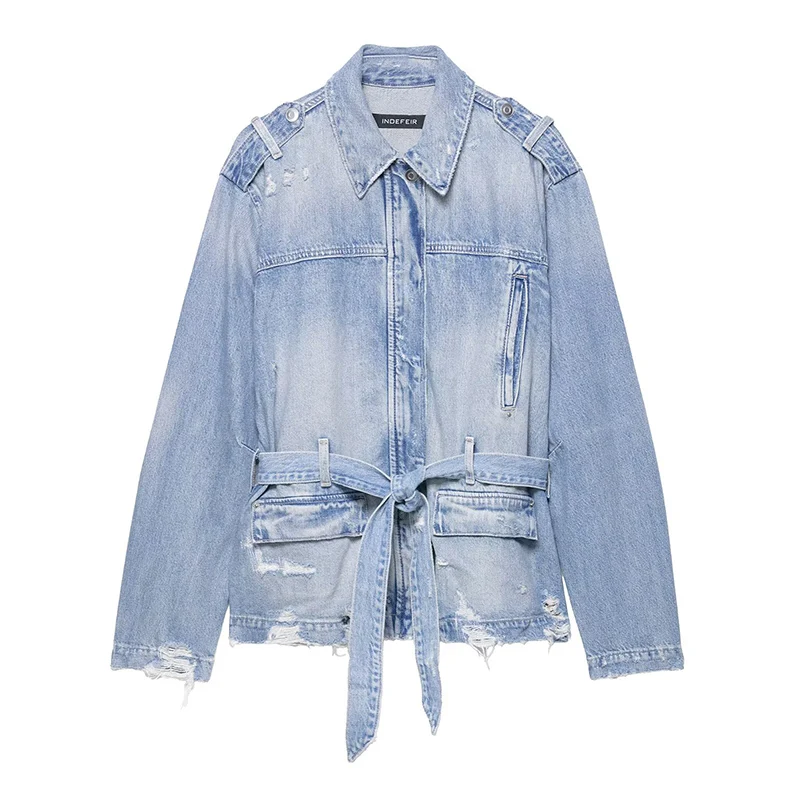 2025 Autumn Street Hole Denim Women Coats Elegant Turn-down Single Breasted Jacket Lace Up Full Sleeve Female Jackets Lady Coat