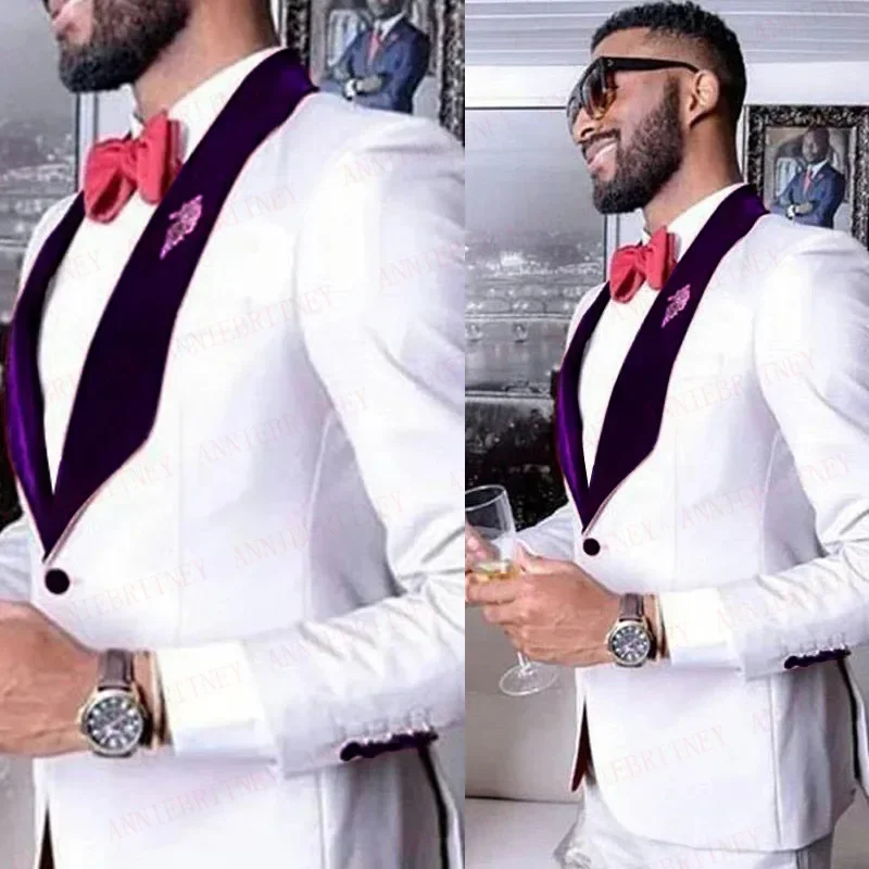 

White Purple Velvet Wedding Suits For Men Slim Fit 2 Piece Prom Tuxedo Groom Blazer Sets Shawl Lapel Costume Homme Pour Mariage