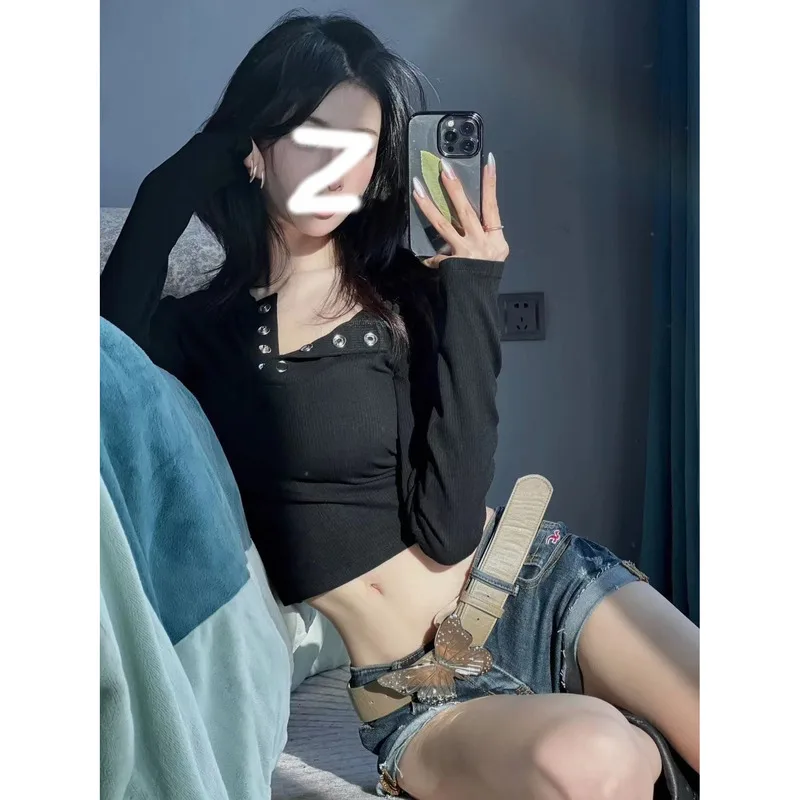 Sexy Sweet Spicy Girl Retro Denim Waist Shorts Women's 2024 Summer Low Waist Slim and Small Stature Curled Hem Pants Trend Short